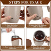 Steps for usage of an electric magnetic stirring coffee mug showing how to open the cover, insert a USB cable, pour water, an