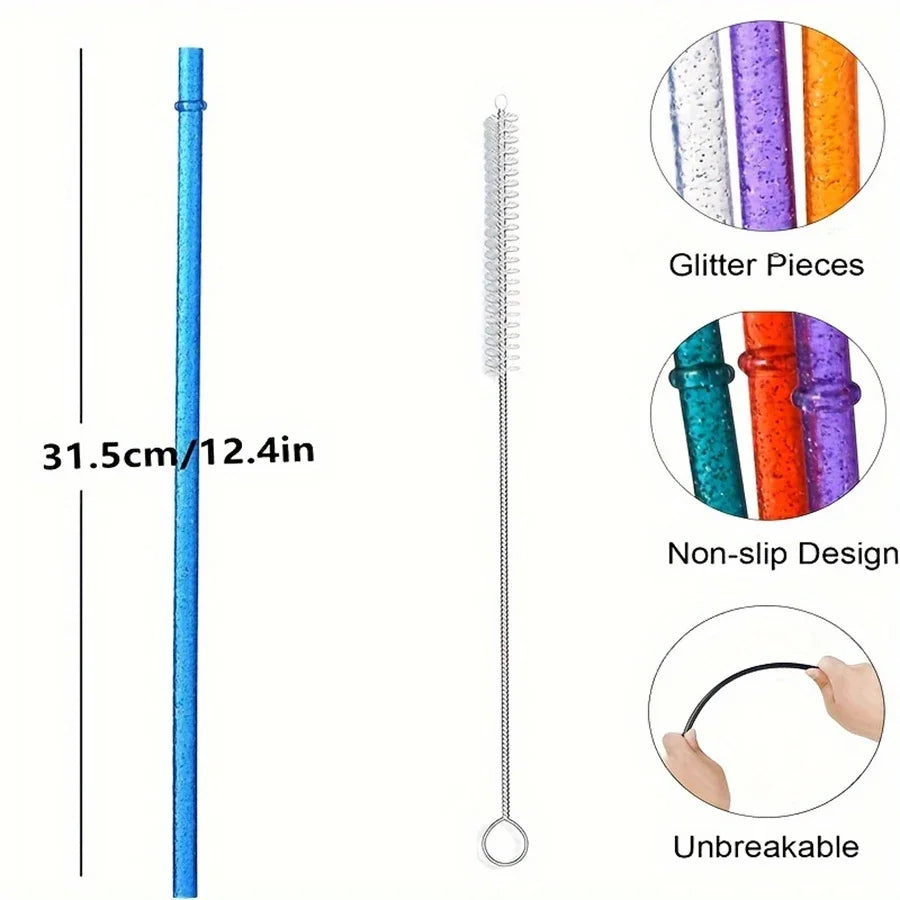 A set of glitter reusable plastic straws featuring a cleaning brush and non-slip design.