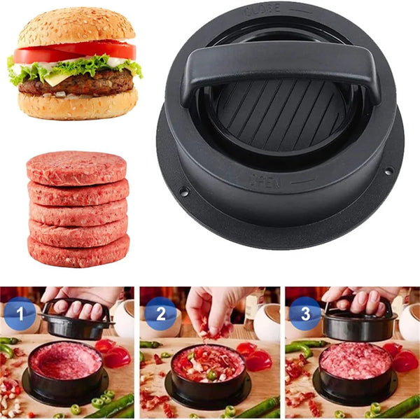 Ein Set aus 3 Hamburger-Fleischpresse zum Formen von Patties und Grillen von Fleisch, gezeigt mit rohem Fleisch und fertigen 