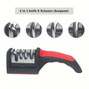A set of four in one knife scissors sharpener with various rods and a black handle.