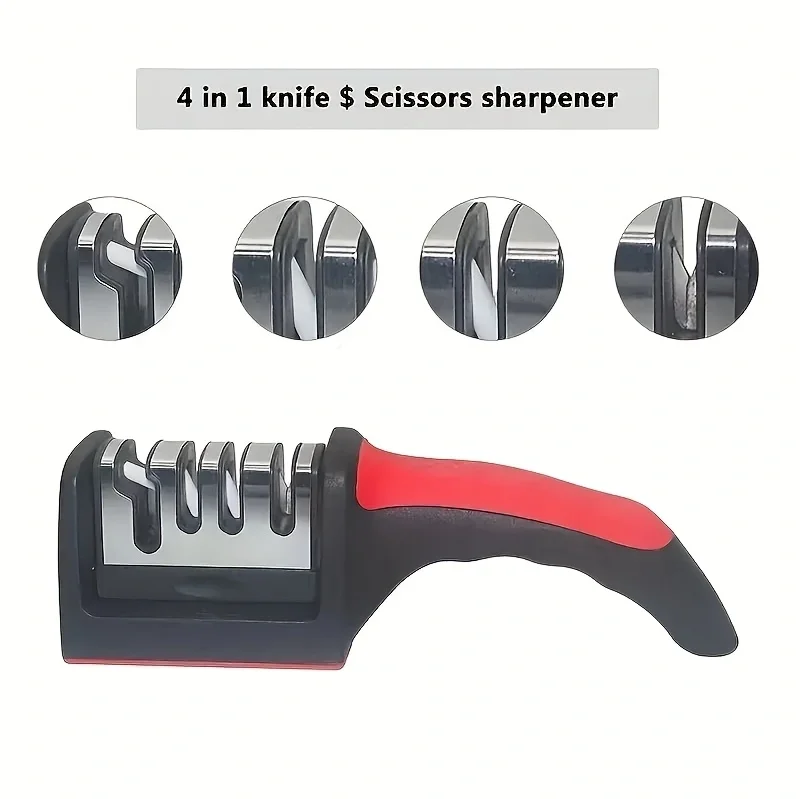 A set of four in one knife scissors sharpener with various rods and a black handle.