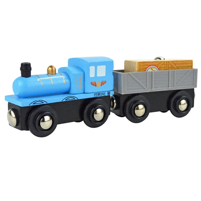 A blue and black wooden magnetic train car set with a yellow cargo box.