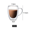 A clear double-wall glass drinking cup filled with brown liquid, shown with dimensions.