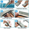 A six-step guide showing how to use a multi-grits knife sharpening stone set for sharpening and rinsing.