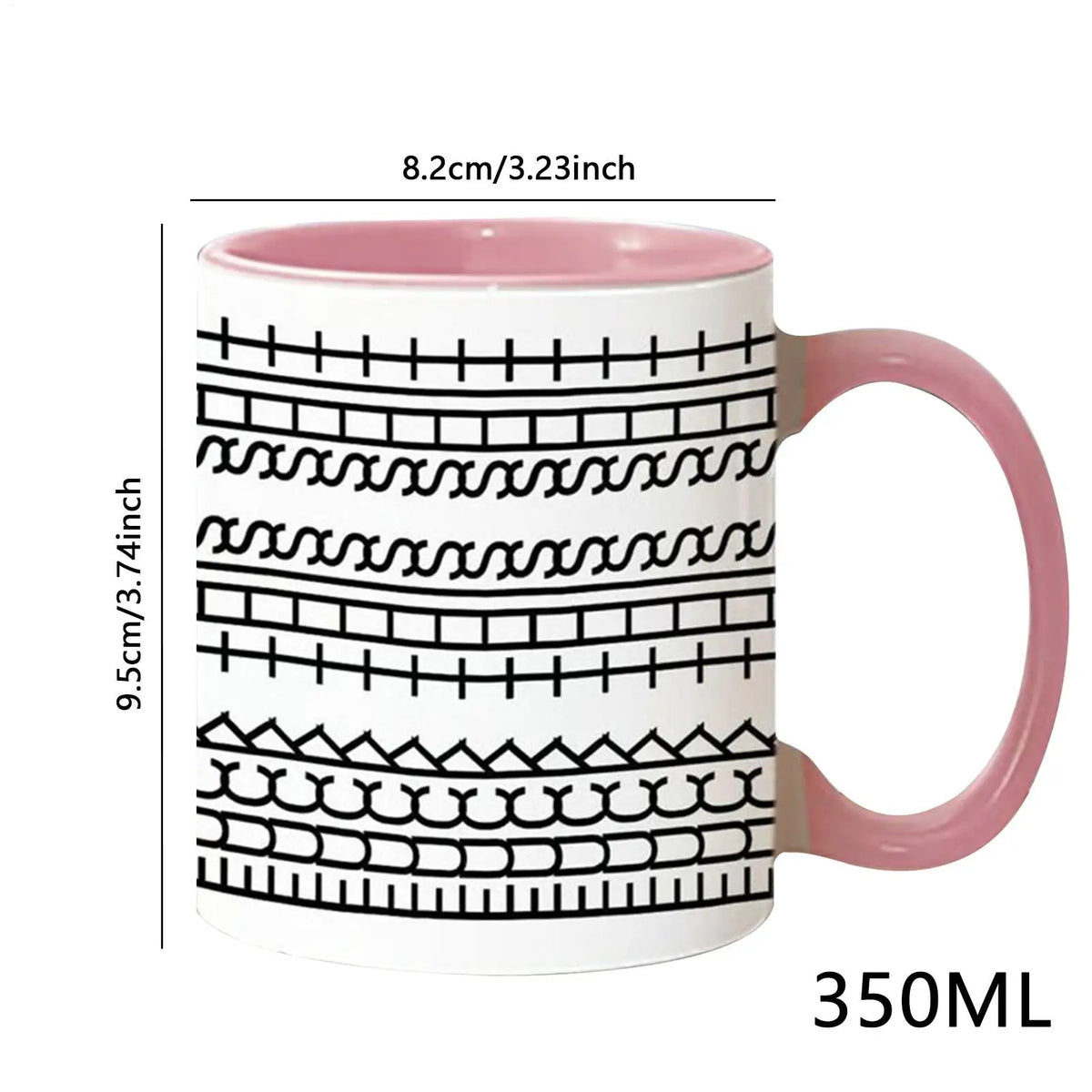 A pink ceramic coffee mug with a black decorative pattern featuring geometric and wavy lines.