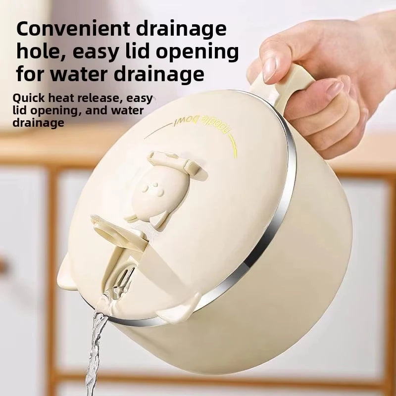 A hand is pouring water from a stainless steel instant noodle serving bowl, demonstrating convenient drainage.