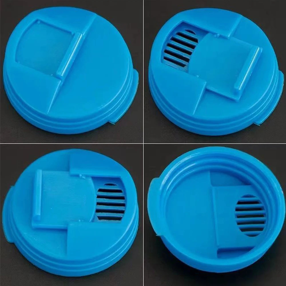 Four views of a blue reusable leakproof soda can lid product showing different angles and features.