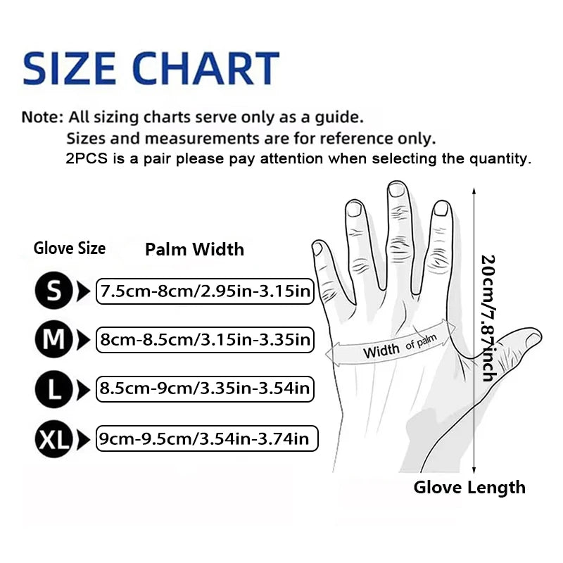 Size chart for durable anti-slip PU coating gloves showing measurements for small to extra large sizes