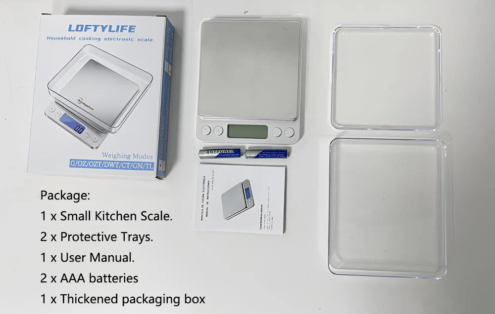 A package of a LoftyLife household cooking electronic scale including the scale, protective trays, user manual, batteries, an