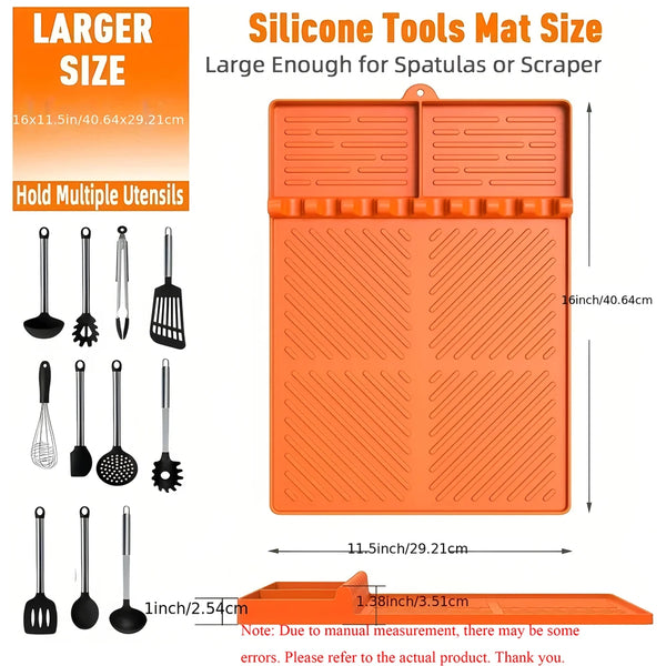 Orange silicone tools mat with multiple utensil slots and a drip pad for spatulas or scrapers
