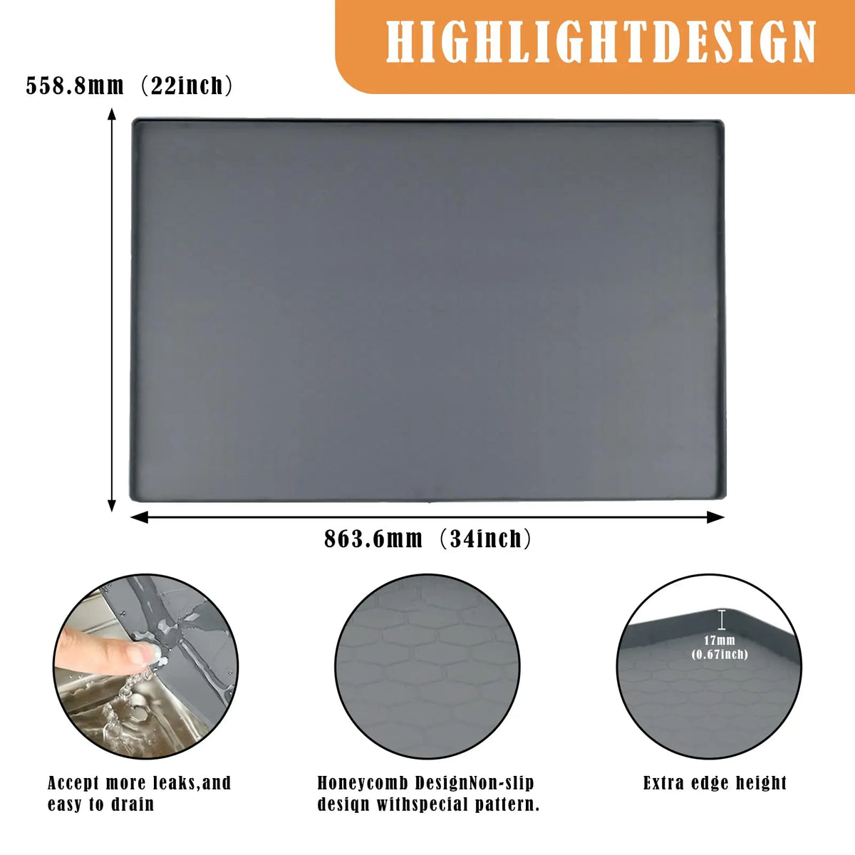 Gray silicone under sink drain tray with a honeycomb non-slip design and extra edge height.