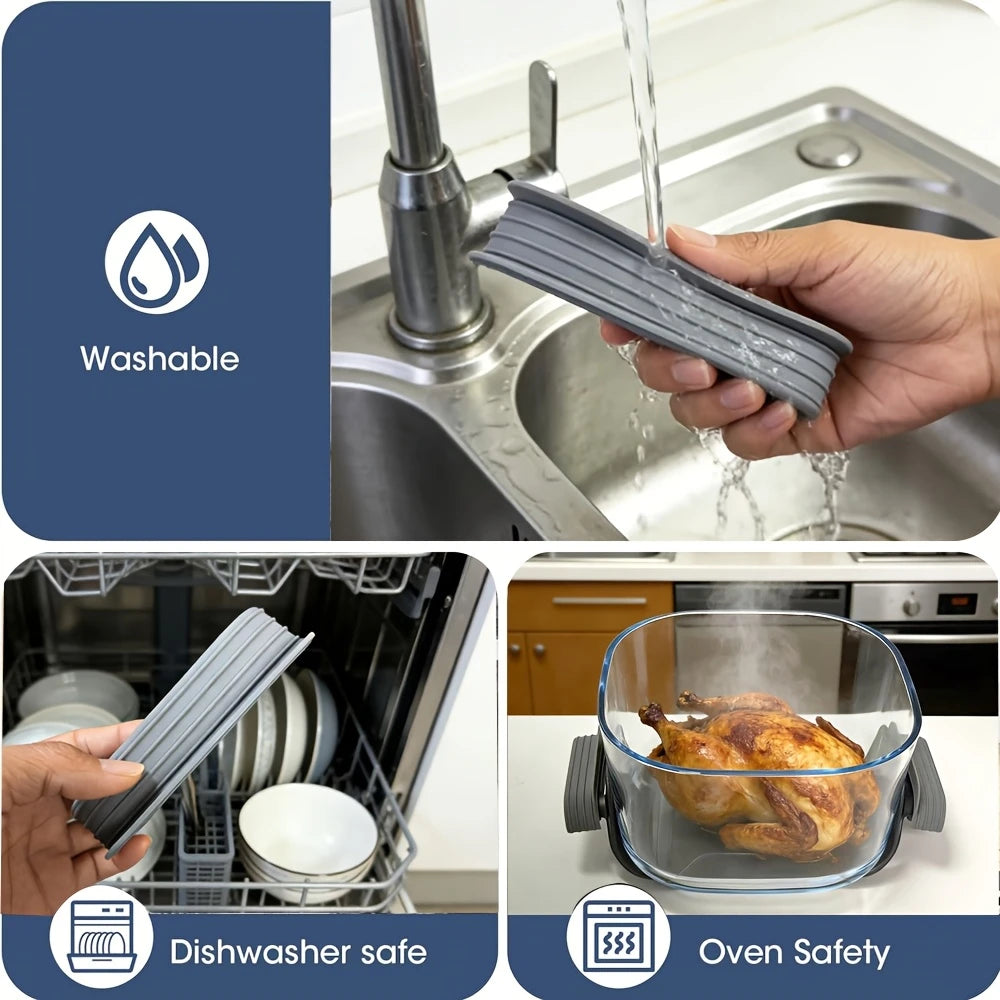 Heat resistant silicone handle covers shown with dishwasher safe and oven safe features