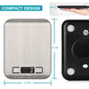 A compact digital kitchen scale in silver and black showing its dimensions and features.