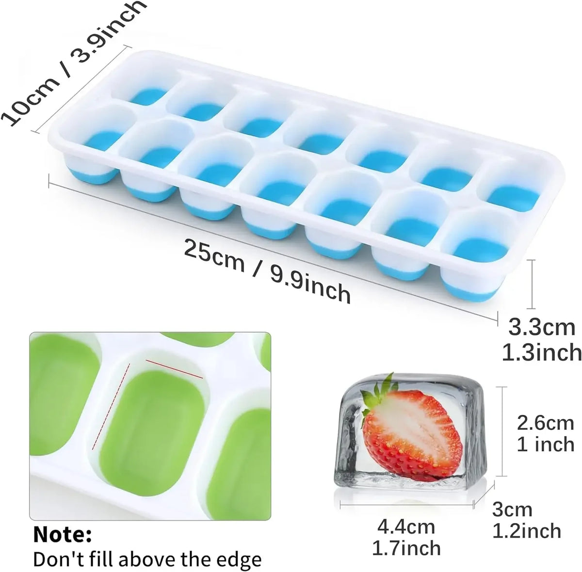 A white silicone ice cube mold set with multiple cavities and a lid, showing a green strawberry shape.