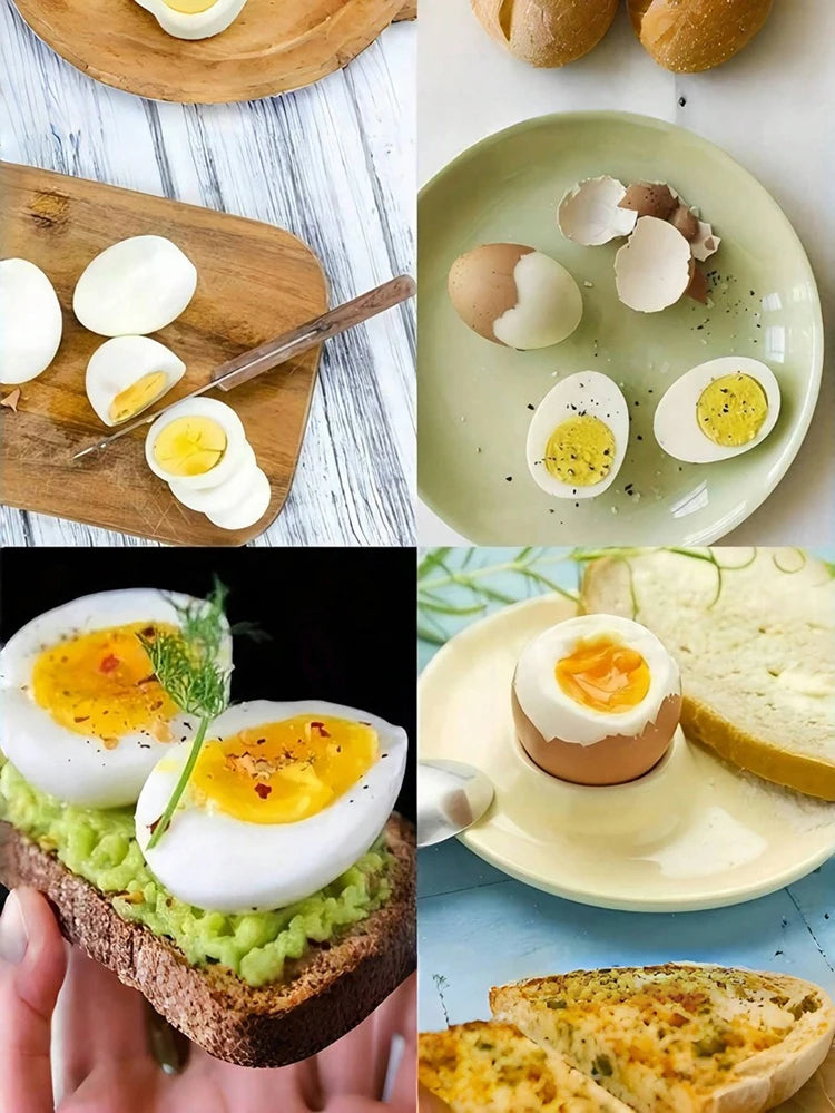 A collection of eggs and toast on wooden boards and plates, showing various preparations.