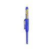 A blue precision deep hole marker pen with a yellow and black tip and a measuring scale.