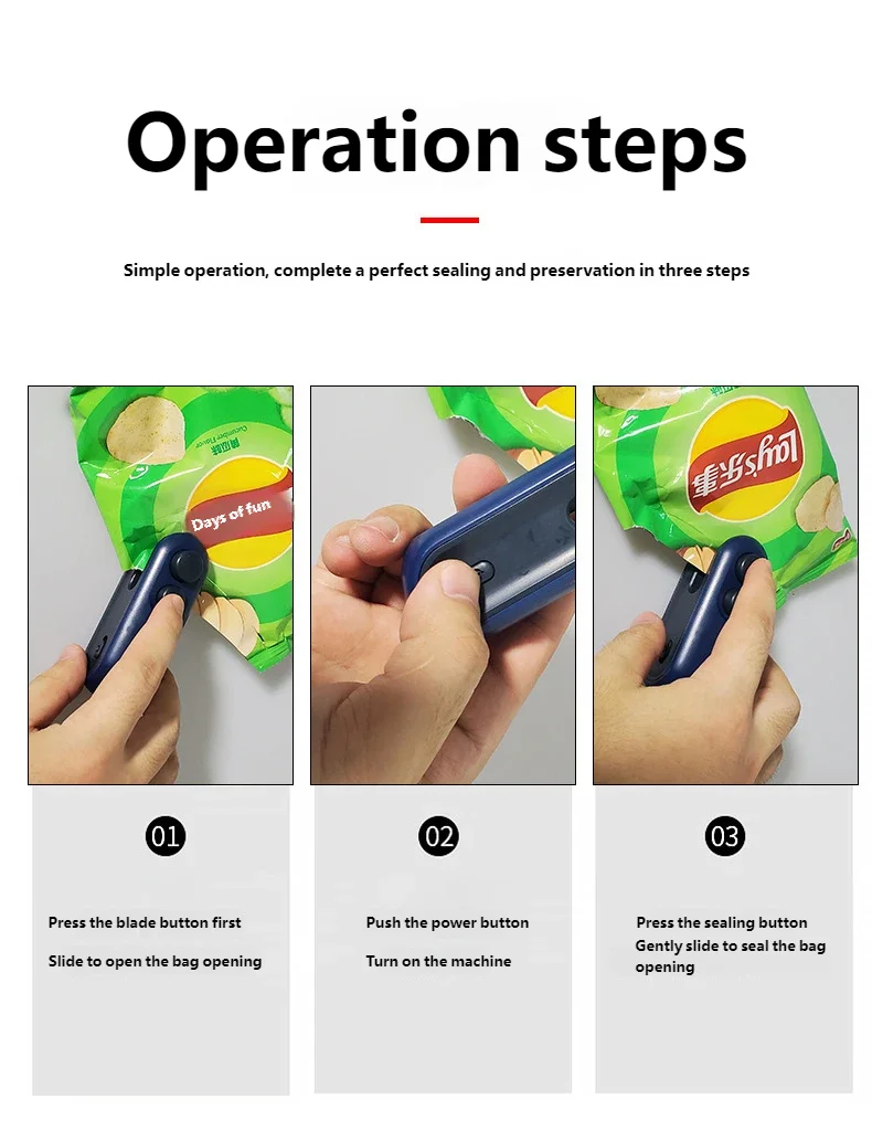 Three steps for using a handheld USB rechargeable heat sealer bag, showing the process of sealing a bag.