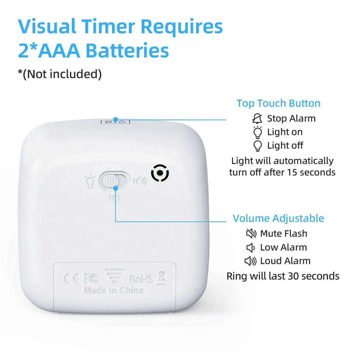 A white visual timer device is shown with indicators for top touch button, light on/off, volume adjustment, and a ring alarm.