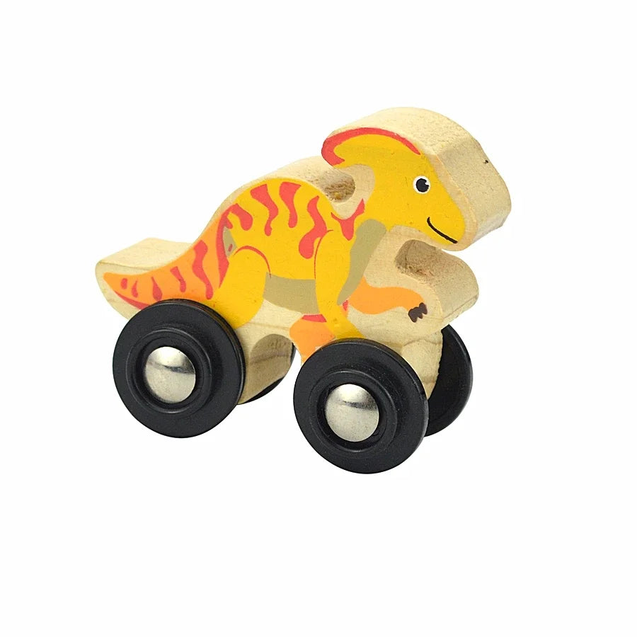 A wooden magnetic train car shaped like a yellow dinosaur with orange stripes and large black wheels.
