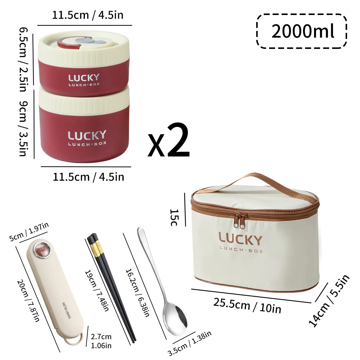 Two red Lucky lunch boxes with lids and accessories shown next to a larger white Lucky lunch box.