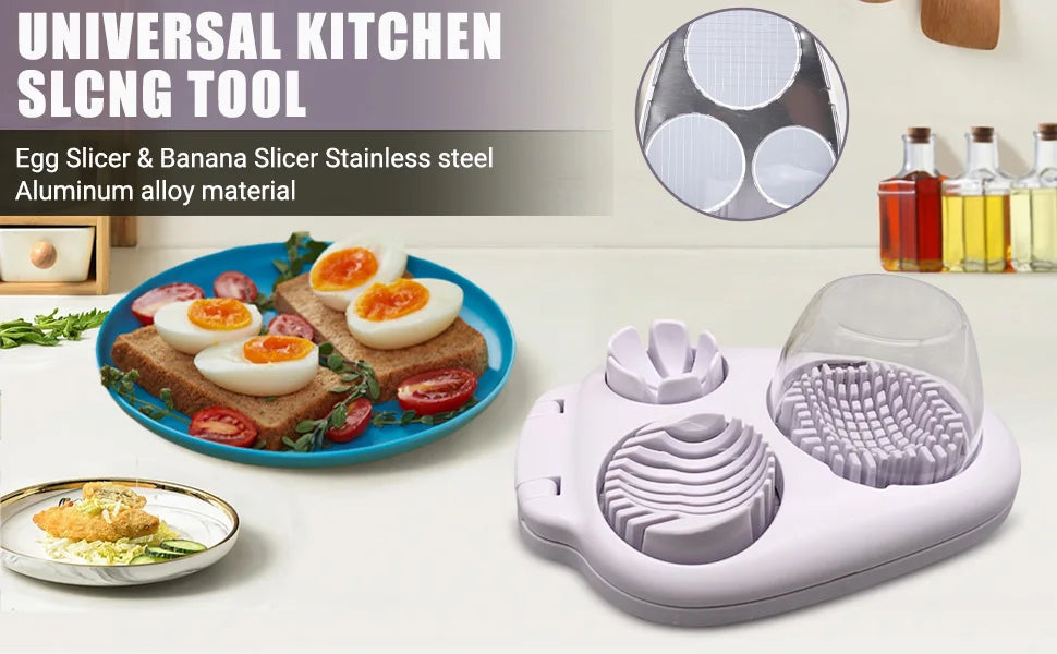 A pink multi-function egg slicer and banana slicer tool made of stainless steel and aluminum alloy material