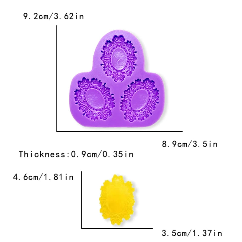 Silicone cake decoration mold set showing purple and yellow floral shapes with specified dimensions.