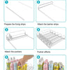 Installation steps showing how to attach barrier strips, pushers, and place beverages in an adjustable spring can dispenser.