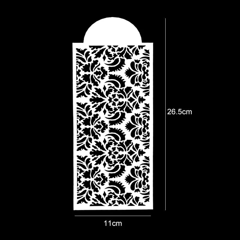 A black silhouette of a floral pattern stencil on a white background.