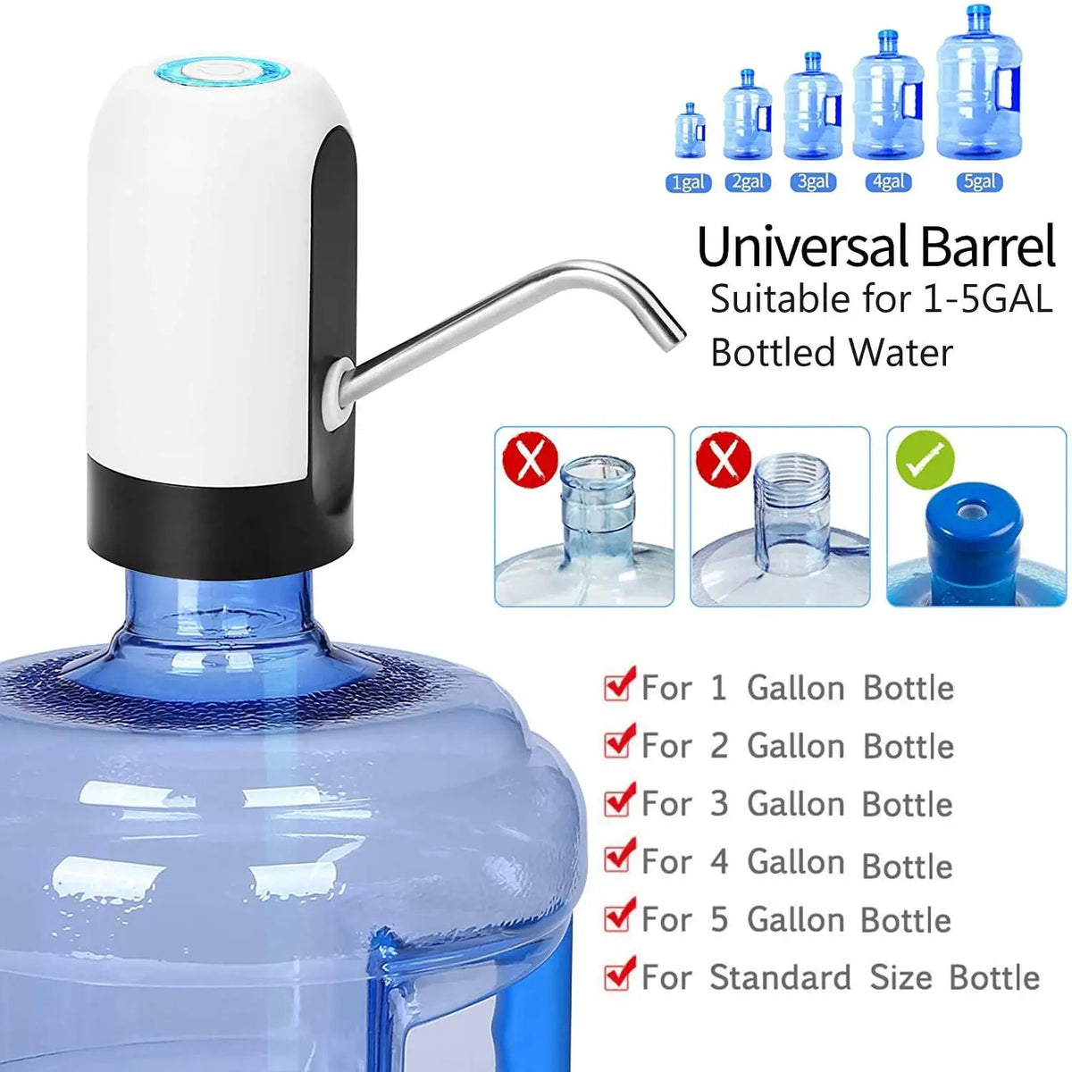 A white and black automatic pump dispenser for universal barrel bottles, suitable for 1 to 5 gallons of bottled water.