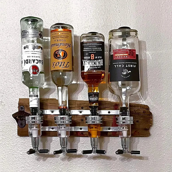 A row of nine glass bottles of various spirits, including vodka and whiskey, mounted on a wooden rack.