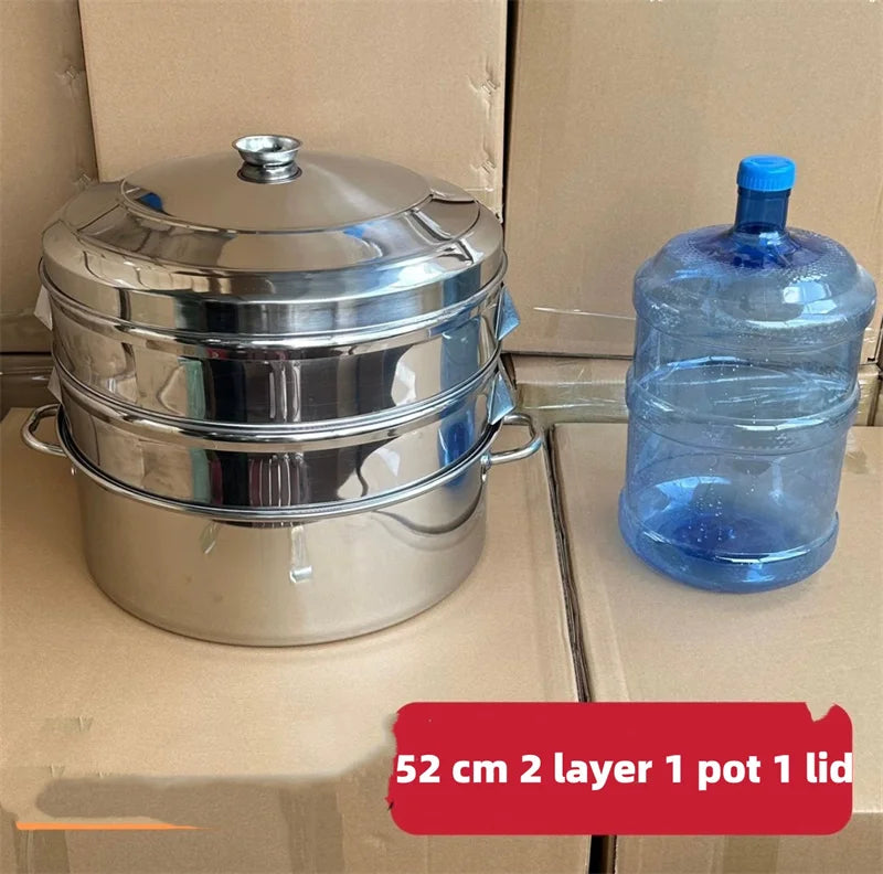 Extra large stainless steel steamer with a lid, designed for baking and cooking.